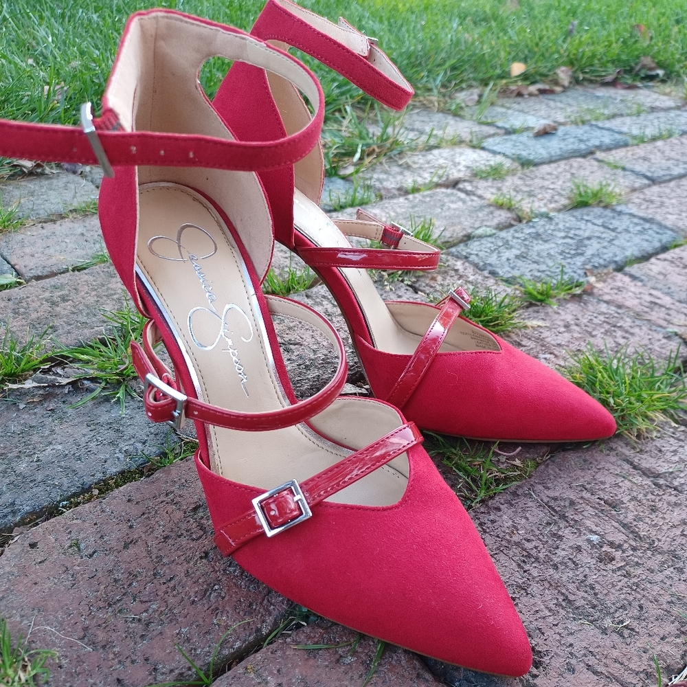 Jessica Simpson cherry red sexy ankle strap pointed toe high heels womens sz 6.5